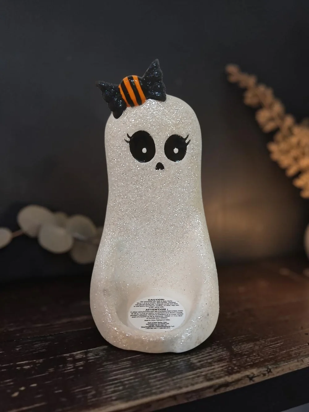 Mini Candle Holder- White with Black & Orange Bow